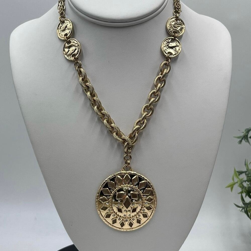 Chicos Chain Link Coin Station Round Rhinestone accent‎ Pendant Necklace